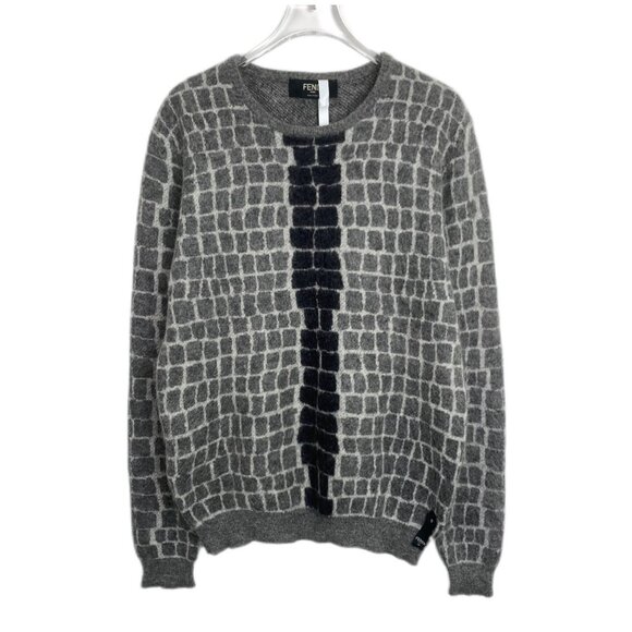 009237 Fendi logo letter check design grey round neck knitted sweater 50 L size